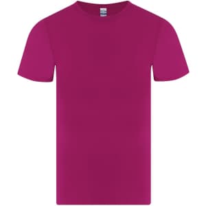 A vibrant magenta adult T-shirt with short sleeves, featuring a logo on the label.