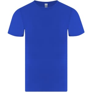 A blue adult T-shirt featuring a plain design and short sleeves. It includes a logo on the tag.
