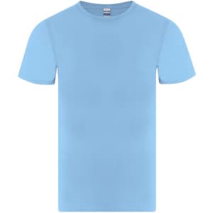 A light blue adult T-shirt with short sleeves and a crew neck, featuring a branding logo.
