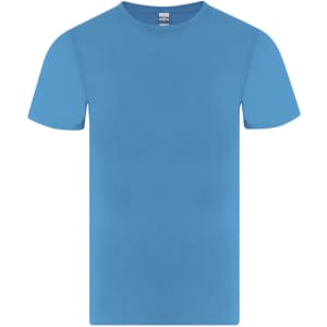 A blue adult T-shirt featuring short sleeves and a round neck, with a logo on the label.