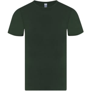 A dark green adult t-shirt with a standard crew neck and short sleeves. It features a logo on the label.