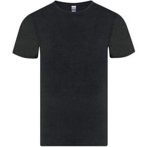 A black adult T-shirt featuring short sleeves and a simple design. The shirt has a logo on the label.