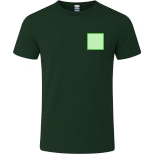 A dark green adult T-shirt featuring a square area in light green and a small logo on the front.