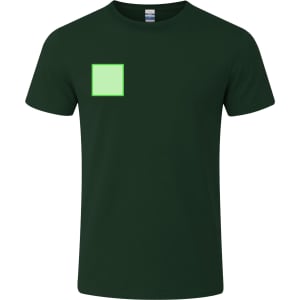 A green adult T-shirt featuring a square design on the front and a logo on the side.