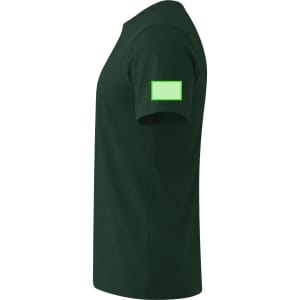 A dark green adult T-shirt featuring a blank logo space on the sleeve.