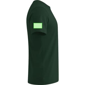 A green adult T-shirt featuring a blank patch on the sleeve, showcasing a classic crew neck design.