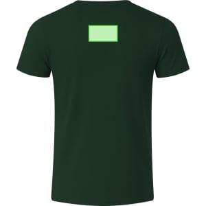 A dark green adult T-shirt with a blank rectangular area on the back and a logo on the front.