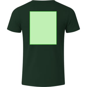 A dark green adult T-shirt featuring a large light green square on the back and a logo.