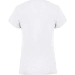A white women's t-shirt with short sleeves and a plain back design. It features a logo.