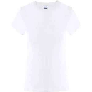 A white women's t-shirt featuring a fitted design and short sleeves. It has a logo on the label.