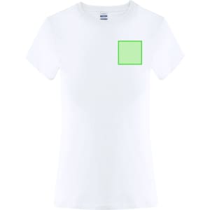 A women's white T-shirt featuring a square green accent on the front and a logo.