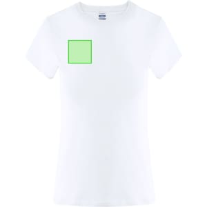 A white women's t-shirt featuring a square design area on the front. The shirt has a logo.