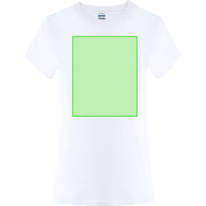 A white T-shirt featuring a green square in the centre. The shirt has a standard crew neckline and short sleeves.