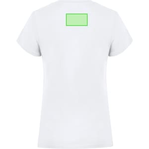 A white women's t-shirt with a short sleeve and a plain design, featuring a green rectangular area on the back.