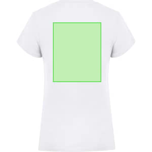 A white women's T-shirt featuring a green square design on the back and a logo.