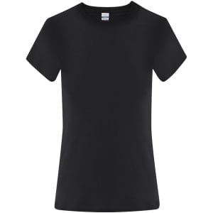 A black women's t-shirt with a regular fit, featuring short sleeves and a label inside the collar.