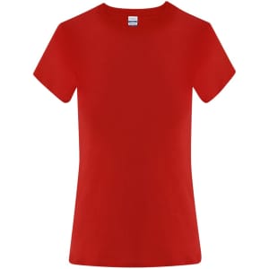 A red women's t-shirt with a classic crew neckline and short sleeves, featuring a logo.