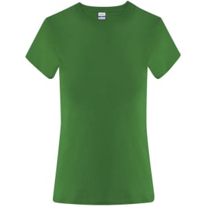 A green women's t-shirt with short sleeves and a fitted silhouette. Features a branding logo.