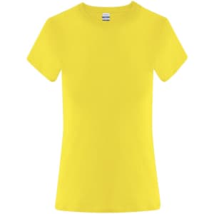 A yellow women's t-shirt with a fitted shape and a crew neckline, featuring a branding logo.