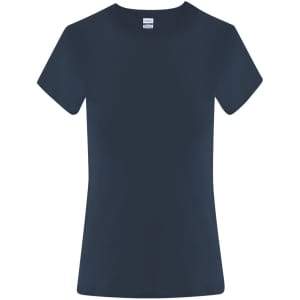 A navy blue women's t-shirt with short sleeves and a round neckline, featuring a label inside.