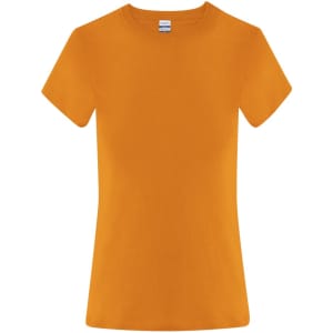 An orange women's t-shirt with short sleeves and a fitted design. It features a branding logo.
