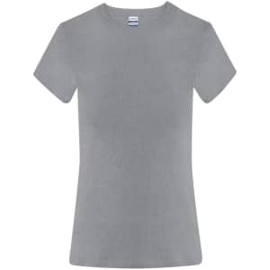 A light grey women's T-shirt with a fitted style and short sleeves, featuring a branding logo.