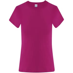 A pink T-shirt with short sleeves and a fitted design. It features a logo on the label.