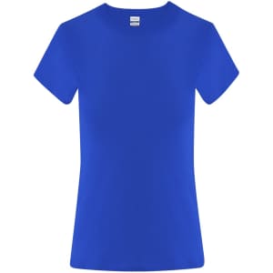 A blue women's t-shirt with short sleeves and a classic crew neckline. It features a logo on the label.