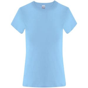A light blue women's T-shirt featuring a classic crew neck design and short sleeves. It has a label inside the collar.