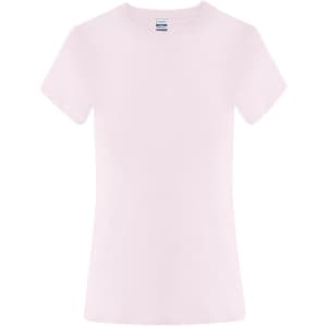 A pink women's t-shirt featuring a fitted design and a branding label on the neckline.