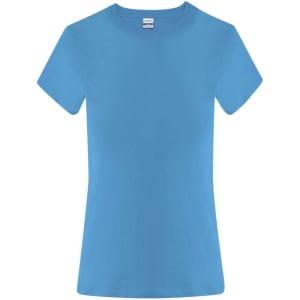 A blue women's T-shirt with a standard crew neck and short sleeves, featuring a logo.