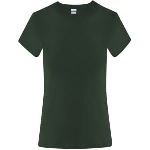 A green women's t-shirt with a classic crew neck and short sleeves. It features a logo on the label.