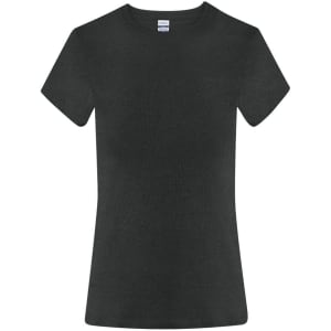 A women's black T-shirt with a classic short-sleeve design and a logo on the label.