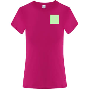 A fuchsia women's t-shirt with a square patch in a light green colour. The shirt features a logo.