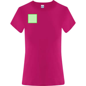 A magenta women's t-shirt featuring a green square on the front, with a logo on the chest area.