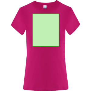 A pink women's T-shirt with a square green placeholder design and a logo on the neckline.