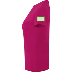 A pink women's t-shirt featuring a green logo on the sleeve, displayed from the side.