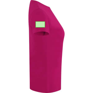 A magenta T-shirt with a short sleeve and a green patch on the arm, featuring a logo.