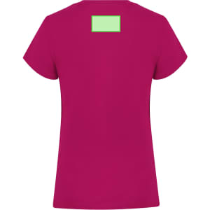 A magenta women's t-shirt with short sleeves and a blank area at the back for branding.