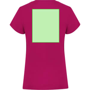 A magenta women's T-shirt featuring a large light green rectangular design on the back. It has a logo.