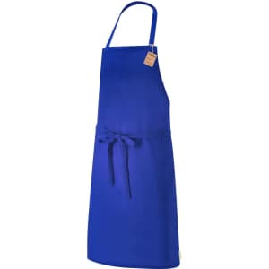 A blue apron with a tied waist and a neck strap, featuring a tag and a simple design.