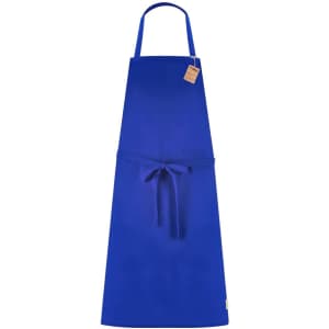 A blue apron featuring a neck strap, waist ties, and a small logo tag at the side.