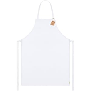 A white apron with a neck loop and waist ties, featuring a brand logo on a tag.
