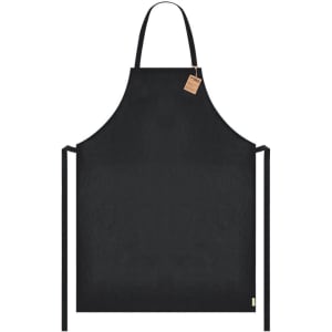 A black apron with a neck strap and ties at the waist. It features a small tag and has a simple design.