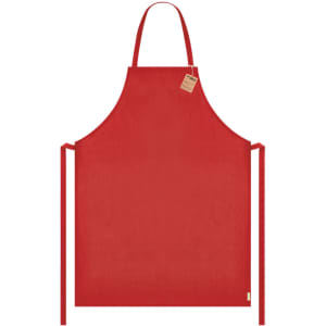 A red apron with ties and a branding tag, featuring a simple and minimalist design.