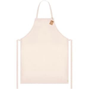 A light cream-coloured apron with ties and a tag, featuring a simple and clean design.