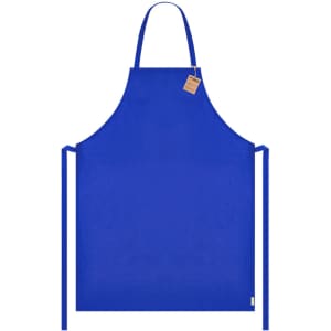 A blue apron with ties and a logo, designed for workwear. It features a simple and sleek design.
