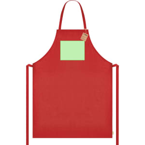 A red apron with a green patch pocket and ties for fastening. It features a branding logo.