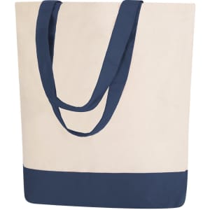 A tote bag in cream with a navy bottom and matching handles, featuring a logo.