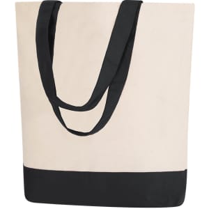 A beige tote bag with black handles and a black bottom section. It features a logo.
